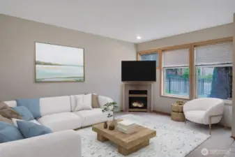 The corner fireplace adds warmth and ambiance to the room. This photo has been virtually staged.