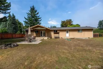 he level yard offers plenty of room for gardening, play, or pets, with mature evergreens adding privacy and a natural backdrop.
