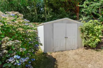 Outdoor storage shed for tools, garden