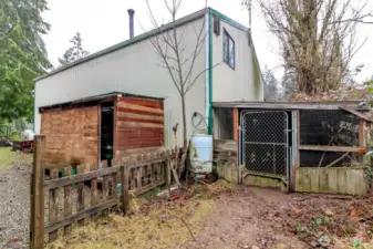 Chicken Coop on Back Side of Shop and Lawn Mower Shed on the Side of Shop