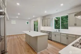 Long Qtz island w/pop-up outlet.  Beautiful Gray painted cabinets/drawers.