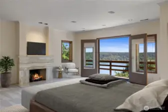 Enjoy the stunning view from the Primary bedroom, or walk outside to your own private deck (Virtually staged)