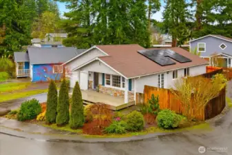 Fully fenced, corner lot with mature gardens.  Solar panels installed January 2024, new roof installed January 2025.