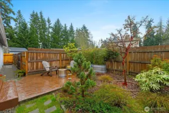 Private garden patio.  Steps lead to french doors in the living room.  Path on the left leads to the back of the house.
