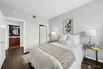 The door near the bed opens to another walk-in closet.