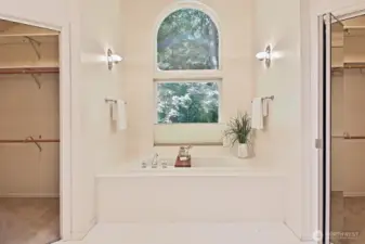 luxurious primary bathroom with walk in closets