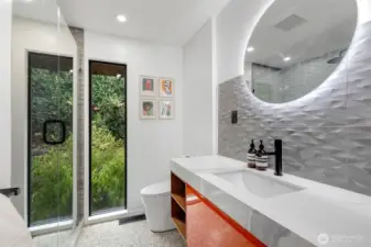 Well appointed windows throughout are not forgotten in the 2nd bath on the main level.