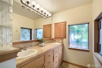 Primary bath updated with natural stone