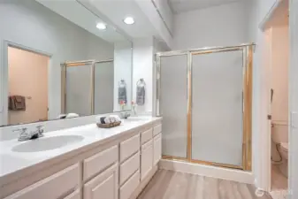 Primary bath with new LVP flooring.