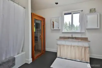 Primary Bathroom. Sauna can convey. Walk in closet (not in view) is just beyond the right edge of this photo.