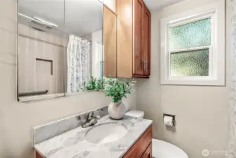 Guest Bath downstairs has full tub/shower combo.