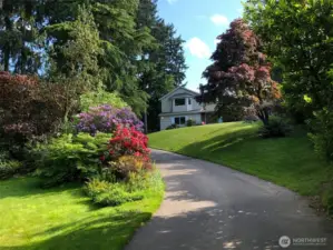 Established rhododendrons, azaleas, and flowering trees fill the yard with color each spring. Imagine this view greeting you as you drive up the driveway.