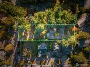 Aerial photo showing lot lines (approximate). Large, 24,000 sf lot offers potential for adding ADU/DADU. Buyer to verify.