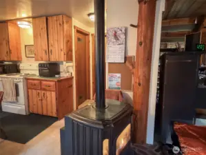 Door to the pantry. Note the branch nubs left on the tree trunk support to hang coats, hats, gloves, etc. to warm and/or dry near the propane stove.