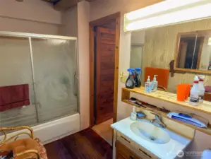 Other view of the primary bedroom bath with the door to a walk-in closet.