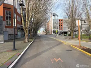 Tree-lined city street showcasing the walkable downtown Renton lifestyle with nearby dining, shopping, and transit.