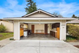 Large 2 car garage with extra storage.