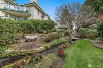 The namesake creek of the development runs between the two buildings and attracts ducks.  This area is lovely and well landscaped.