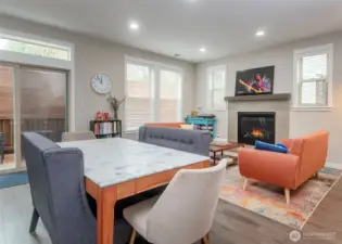 Gas fireplace and fully wood wrapped windows.