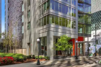 Entrance of building at corner of 5th & Madison across the street from the award winning Seattle Public library!