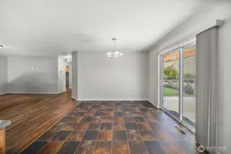 From kitchen, looking towards the living room to the left and the dining room to the right.