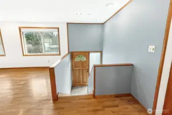 Split Entry. The house faces Southwest, so that door has seen some things. If it is tough to open, push hard at the bottom