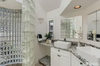 Custom built vanity and quartz countertop.