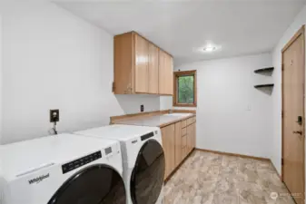 Super large laundry room with garage access door.