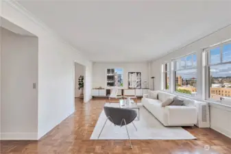 Bright and airy living area, with territorial/city views.