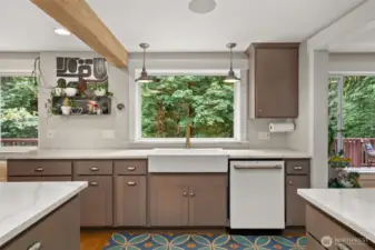 exposed wood beam and views from kitchen!