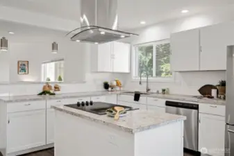 The island has an electric range and a sleek exhaust hood.