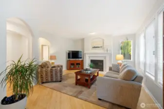 informal living area/great room just off the kitchen with fireplace and window wall to the back yard.