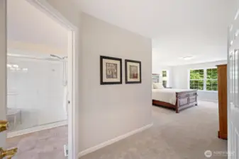 Walking into the primary bedroom suite. beautiful bat on the left and a very large open primary bedroom with a sitting are too.