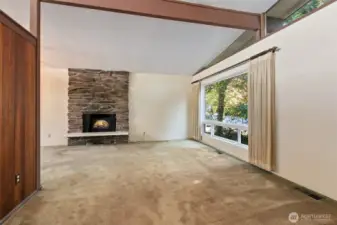 Wood burning fireplace in living room.