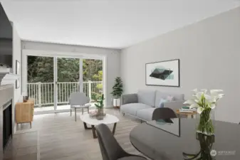 Living Room area w/ Wood Burning Fireplace and Large Balcony.