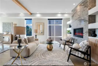 The linear gas fireplace offers cozy warmth during the rainy season—perfect for Seattle living!