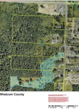 Parcel in middle between yellow outlined acreage neighbors shows suspected wetlands at front (east) portion of property.