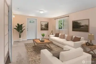 Behind the French doors is a flexible 23-foot room with dark latte-toned carpet, apricot-butter walls, and white trim. A second exterior door with an arched accent window ties in the design. Call it a huge bedroom number three or call it a great sized family room, either way it’s the kind of bonus space that makes the floorplan work smarter, not harder.