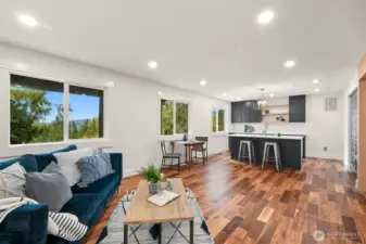 Great room on second lower level; washer/dryer hookups in hallway