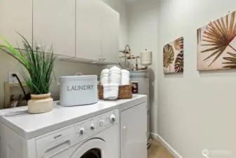 The utility room just to the right of the main entry. Electric hot water tank and dryer.