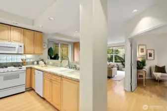 Here from the main hallway, catching the Kitchen, living room and part of the primary bedroom. All conveniently located.