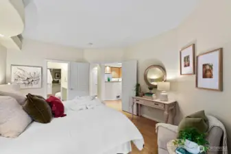 View from the patio slider into the Primary bath and out to the main salon.