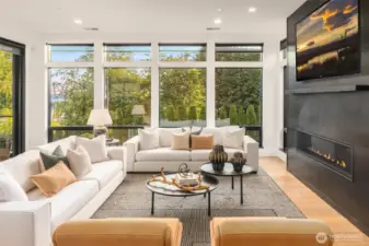 All Great room windows feature custom designed motorized shades synced to lutron wall lighting switches
