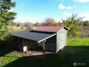 Garden shed with chicken coop, fenced back yard