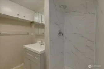 Unit #4 New shower surround, shower and bath water fixtures replaced with new vanity and mirrored medicine cabinet.