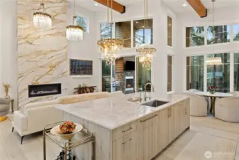 Soaring ceiling and windows allow for abundant light.