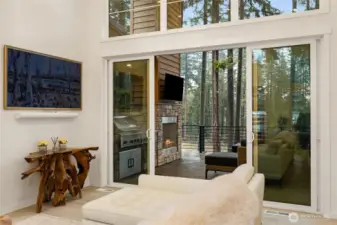 Enjoy the view of tall trees inside or outside.