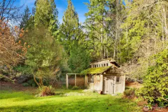 Garden shed or chicken coop you decide. See the alley to the right behind the shed for access to the back yard.