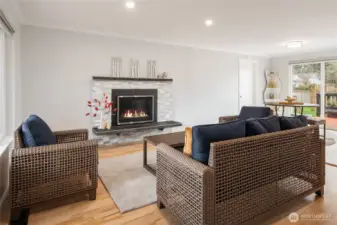 Stacked tile fireplace with gas insert