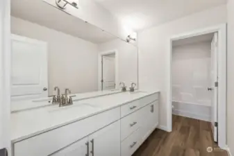 Guest bath- quartz counter tops and double sink/vanity